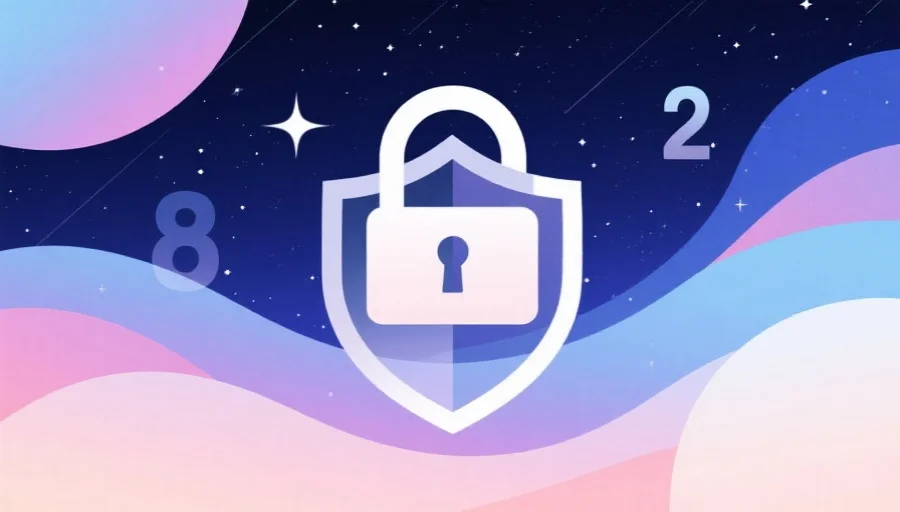 一张抽象插画，描绘星空下的数字锁与安全盾牌象征账号安全，色彩柔和，风格现代